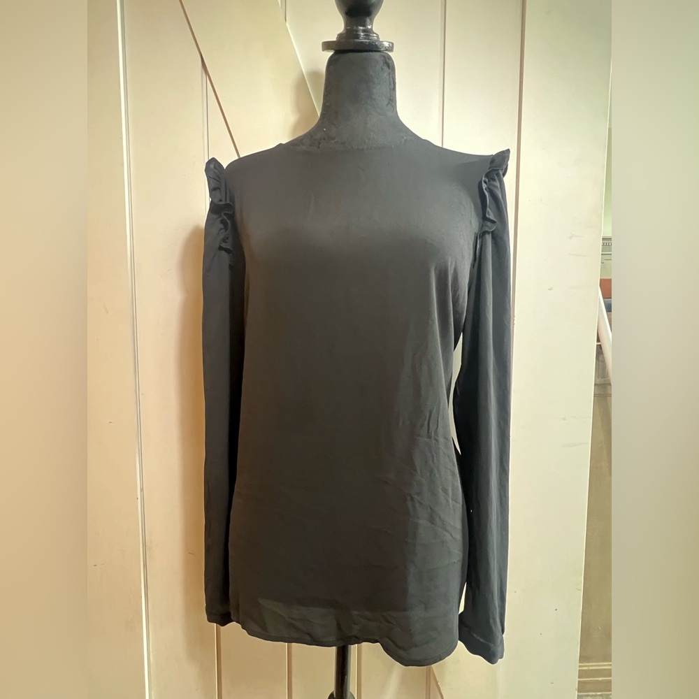 Ann Taylor Fitted Black Long Sleeve Ruffled Blouse